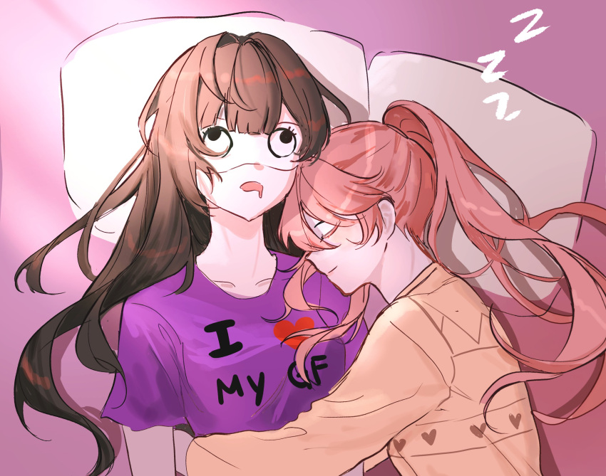 2girls, alternate_costume, brown_hair, closed_eyes, closed_mouth, cuddling, drooling, fuori, guinaifen_(honkai:_star_rail), heart, heart_print, highres, honkai:_star_rail, honkai_(series), indoors, letter_print, long_sleeves, meme, multiple_girls, open_mouth, orange_hair, pillow, purple_shirt, shirt, short_sleeves, sleep_mask, sleeping, smile, sushang_(honkai:_star_rail), teri_derp_(meme), yuri, zzz