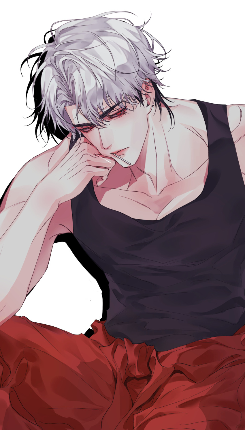 1boy, absurdres, black_hair, black_tank_top, closed_mouth, collarbone, commentary_request, drop_shadow