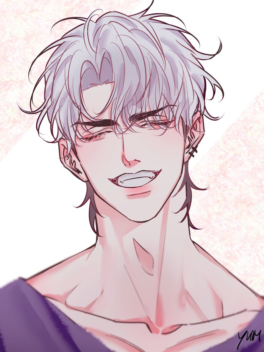 1boy, absurdres, artist_name, black_hair, closed_eyes, collarbone, commentary_request, earclip