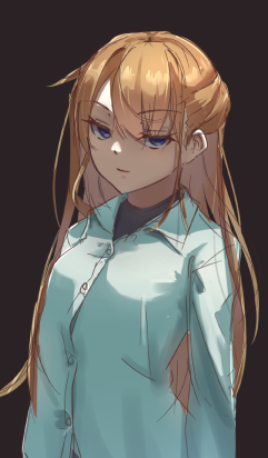 1girl, amalia_lobelia, blonde_hair, blue_eyes, blue_shirt, degtyaryov2952, empty_eyes, long_hair