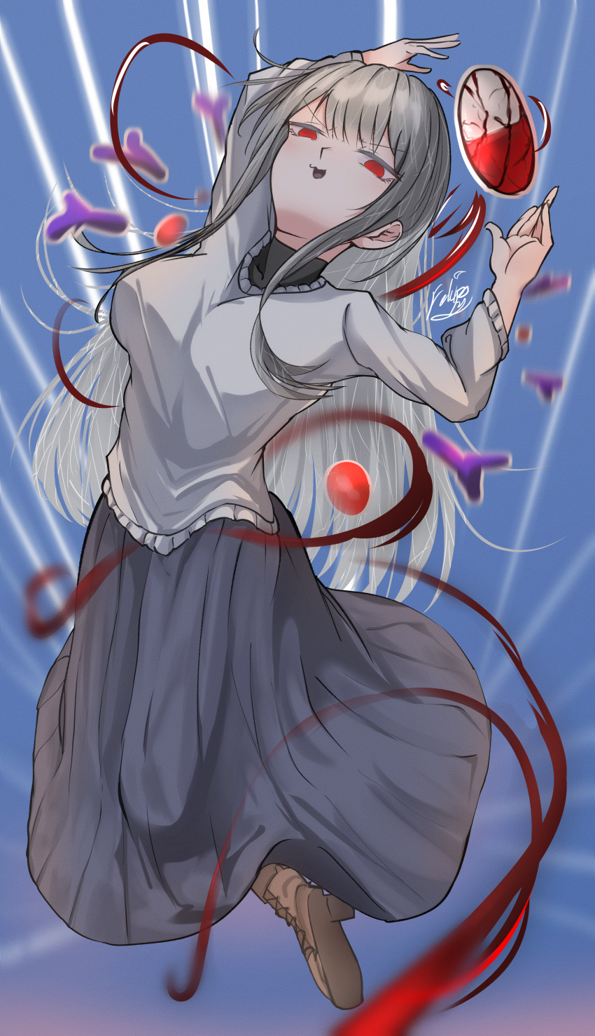 1girl, absurdres, boots, feluppy125, grey_hair, grey_skirt, grey_sweater, highres, long_hair, long_skirt, naraku, naraku_2, neun_02, purgatory_(series), red_eyes, skirt, smile, solo, sweater, turtleneck, turtleneck_sweater