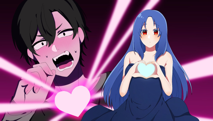 1boy, 1girl, bare_shoulders, black_hair, black_shirt, blue_dress, blue_hair, blush, dress, ebel_alfie, enri_louvre, heart, heart_hands, highres, jitome, long_hair, naraku, naraku_2, open_mouth, purgatory_(series), red_eyes, shirt, short_hair, strapless, strapless_dress, tube_dress, vpfdva0unt90109