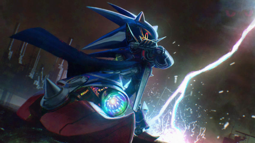 1boy, absurdres, armor, black_sclera, blurry, bootleg_metal_sonic_plush, cape, chromatic_aberration