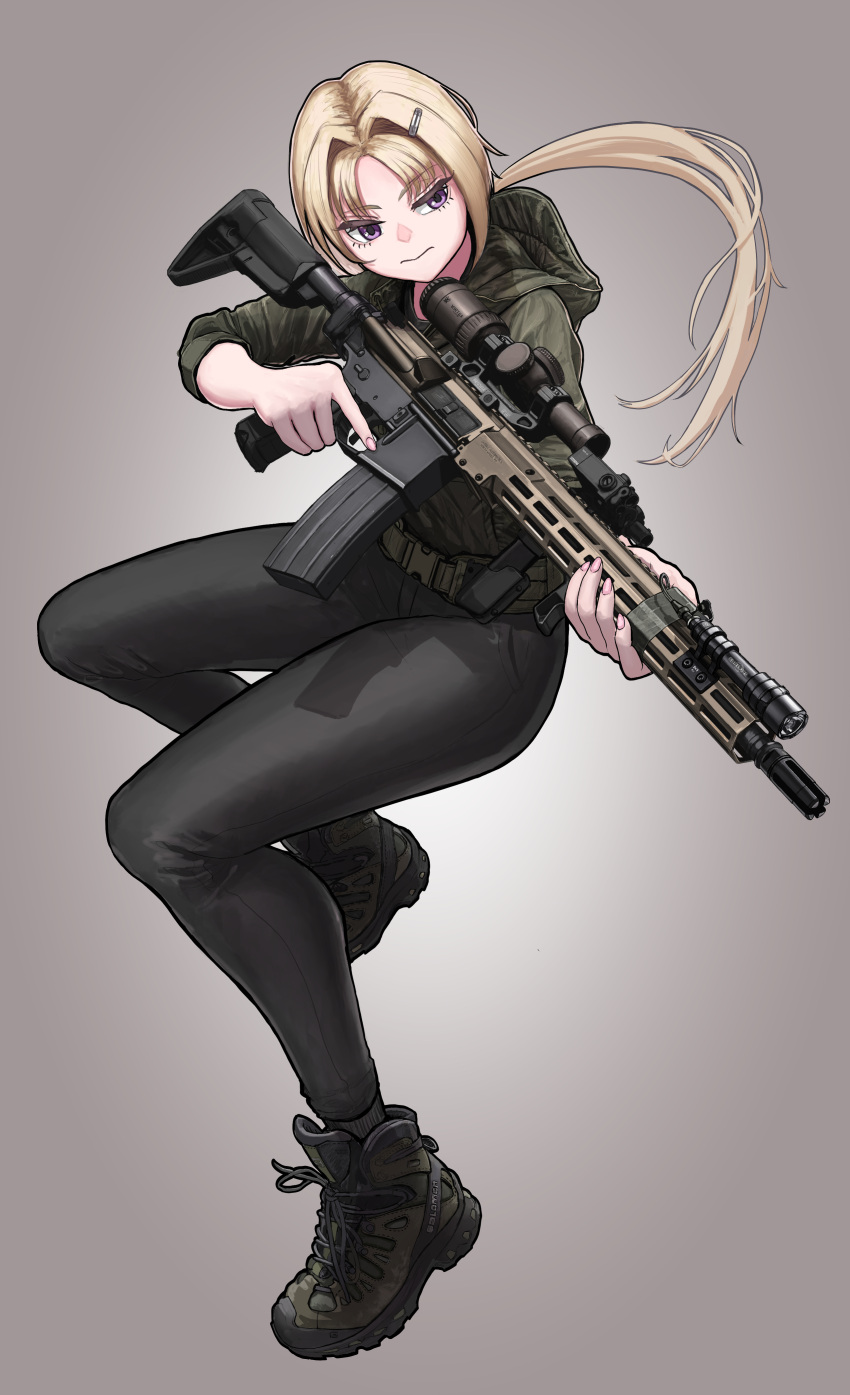 1girl, absurdres, ar-15, black_pants, blonde_hair, c-clamp, closed_mouth, commentary