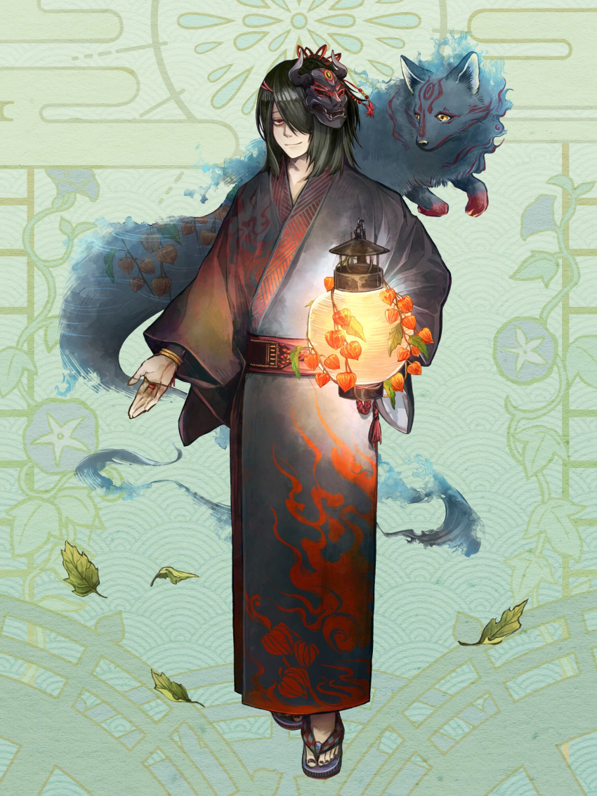 1boy, angora_hamasaki, bags_under_eyes, black_bridal_gauntlets, black_hair, black_kimono, black_nails, bridal_gauntlets