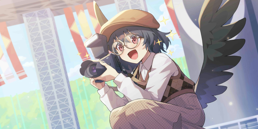 1girl, alternate_costume, alternate_headwear, bespectacled, bird_wings, black_hat, black_wings, brown_hat