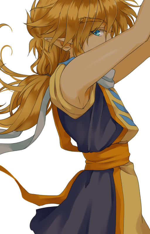 1boy, arms_up, black_tunic, blue_eyes, chigayasan, commentary_request, covered_mouth, long_hair