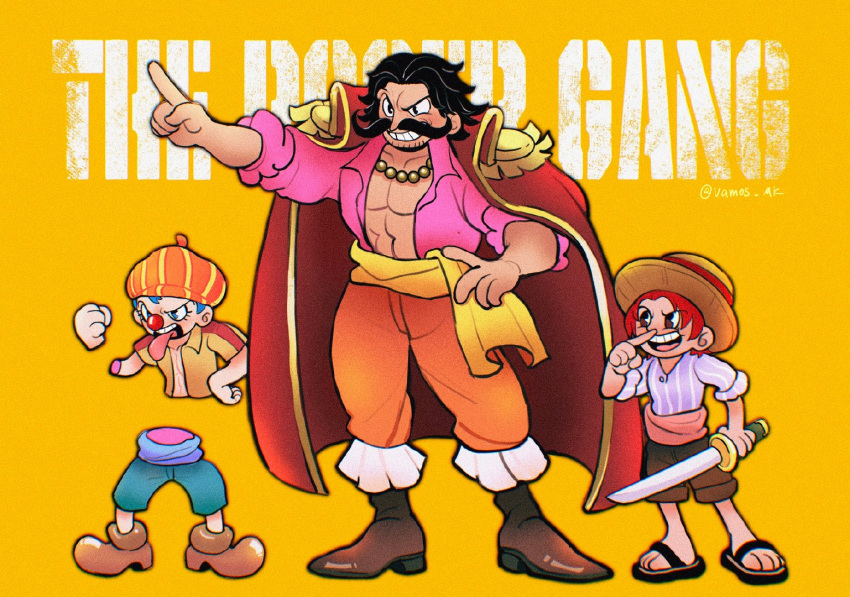 3boys, arm_up, black_hair, blue_hair, blue_pants, brown_eyes, brown_shoes, brown_shorts