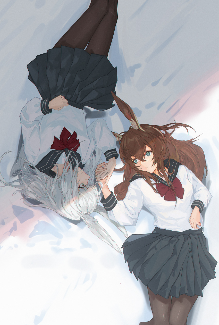 2girls, absurdres, amiya_(arknights), animal_ear_fluff, animal_ears, arknights, black_pantyhose, black_sailor_collar