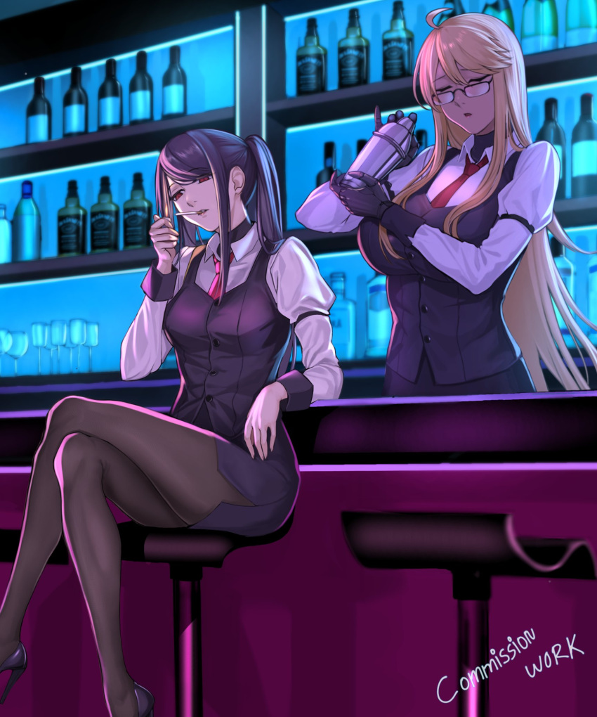 2girls, ahoge, alma_armas, alternate_costume, bar_(place), black_pantyhose, black_shoes, black_skirt, black_vest, blonde_hair, bottle, breasts, cigarette, closed_eyes, cocktail_shaker, commentary, commission, crossed_legs, cup, dark-skinned_female, dark_skin, english_commentary, english_text, glasses, high_heels, highres, holding_shaker, indoors, jill_stingray, large_breasts, long_hair, multiple_girls, necktie, on_stool, open_mouth, pantyhose, prosthesis, prosthetic_hand, purple_hair, red_eyes, red_necktie, seilindekos, shirt, shoes, sitting, skirt, standing, twintails, va-11_hall-a, vest, white_shirt