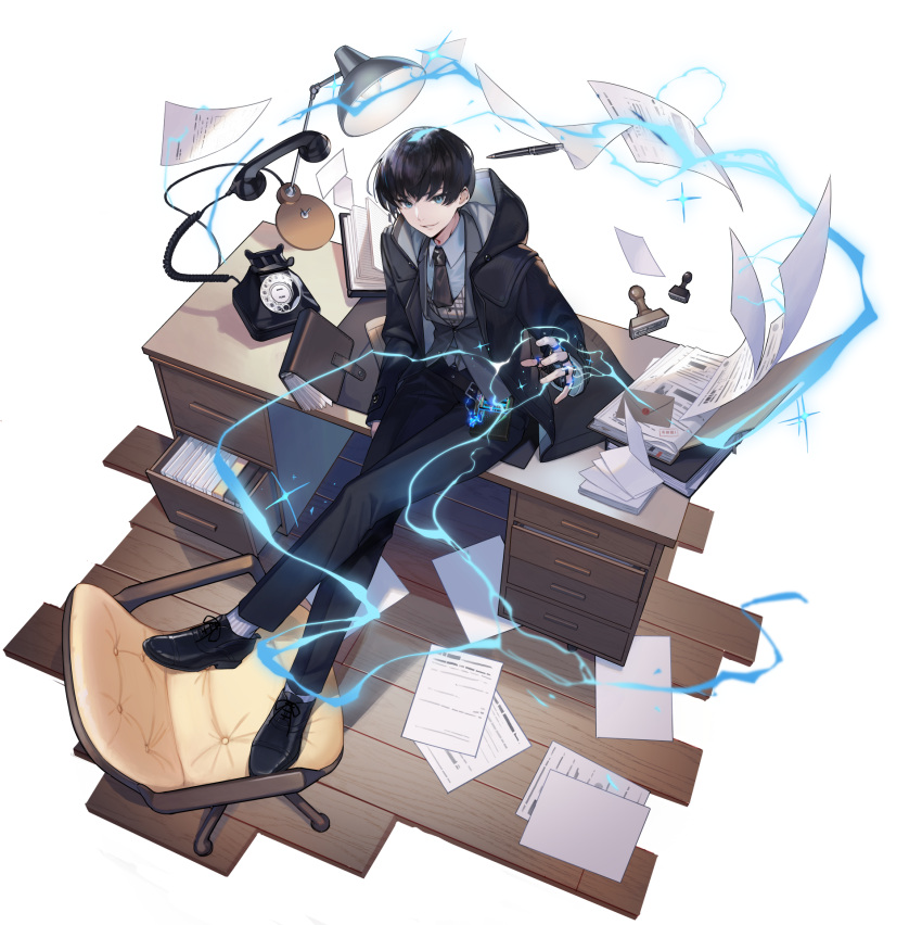 1boy, antique_phone, black_coat, black_gloves, black_hair, black_necktie, black_pants, black_shoes