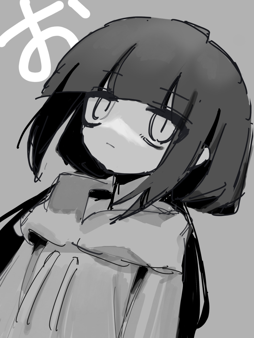 1girl, absurdres, bags_under_eyes, black_hair, blunt_bangs, expressionless, grey_background, greyscale