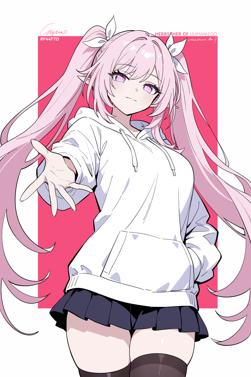 1girl, absurdres, airbus_a350xwb, chinese_commentary, closed_mouth, elysia_(honkai_impact), hair_between_eyes, hair_ornament, highres, honkai_(series), honkai_impact_3rd, long_hair, long_sleeves, looking_at_viewer, pink_eyes, ponytail, simple_background, skirt, smile, solo, thigh-highs, twintails