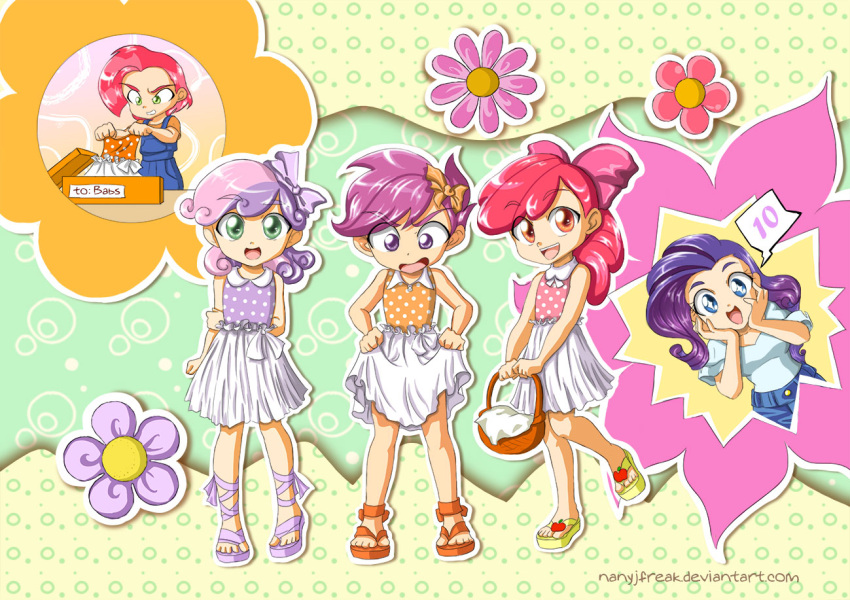 5girls, apple_bloom, apple_bloom_(equestria_girls), babs_seed_(equestria_girls), bare_shoulders, basket, blue_hair, bow, collarbone, green_eyes, hair_bow, holding, holding_basket, long_hair, mixed-language_commentary, multicolored_hair, multiple_girls, my_little_pony, my_little_pony:_equestria_girls, my_little_pony:_friendship_is_magic, nancysauria, open_mouth, personification, purple_hair, rarity_(equestria_girls), rarity_(my_little_pony), red_bow, red_hair, scootaloo, scootaloo_(equestria_girls), shirt, short_hair, slippers, sweetie_belle, sweetie_belle_(equestria_girls), teeth, upper_teeth_only, violet_eyes, white_shirt