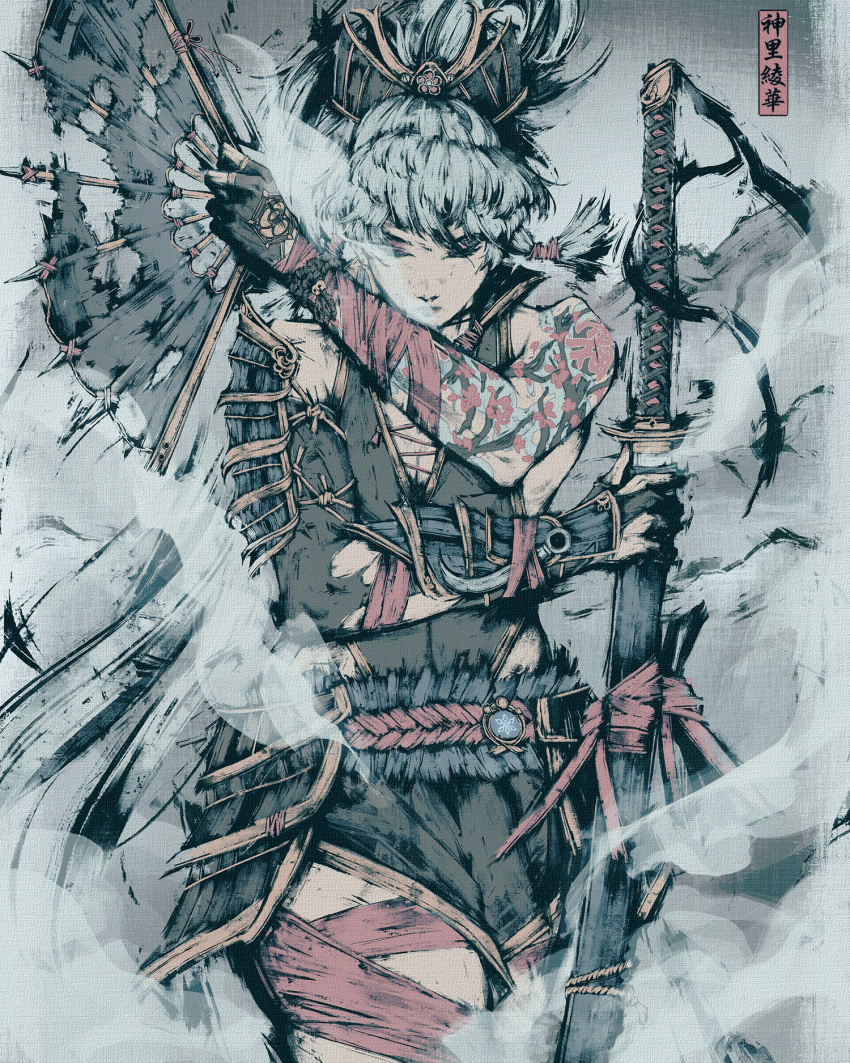 akramness, alternate_costume, arm_tattoo, armor, asymmetrical_clothes, bandaged_arm, bandages, blue_hair