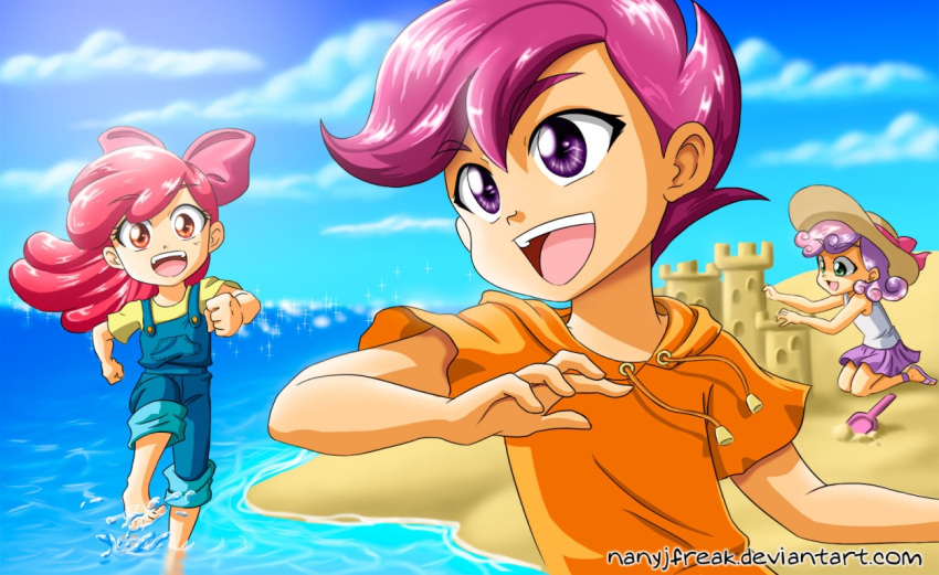 3girls, apple_bloom, apple_bloom_(equestria_girls), bare_shoulders, barefoot, beach, blue_overalls, child