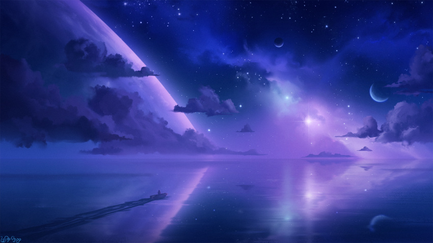1boy, blue_clouds, boat, highres, nebula, night, ocean, original