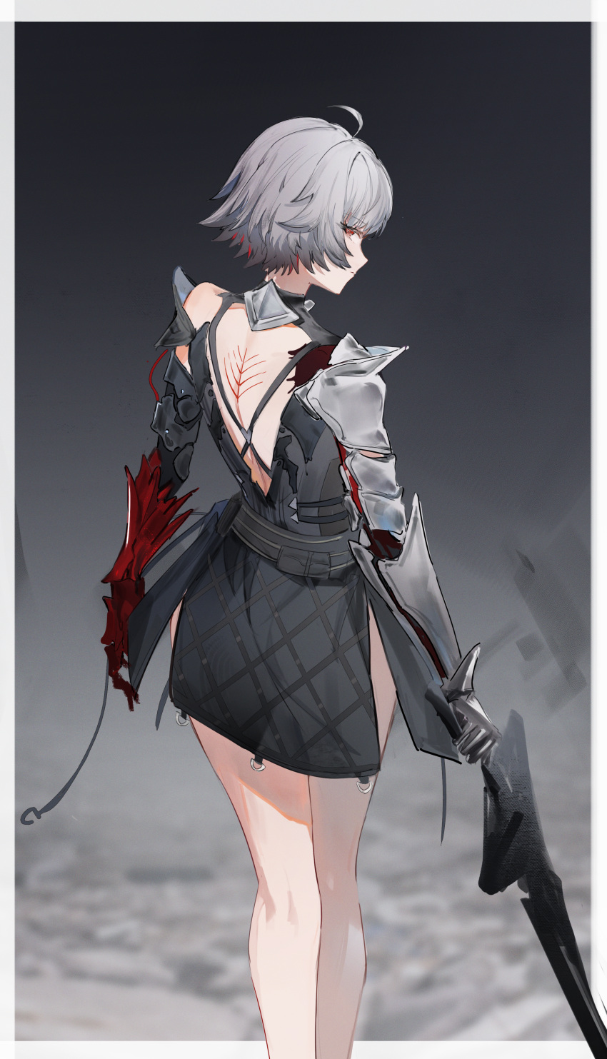 1girl, absurdres, ahoge, ai_limit, arrisa, asymmetrical_gloves, back_tattoo, backless_dress