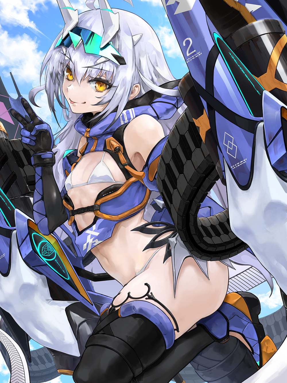 1girl, bare_shoulders, bikini, blue_gloves, blue_sky, breasts, clouds, cloudy_sky