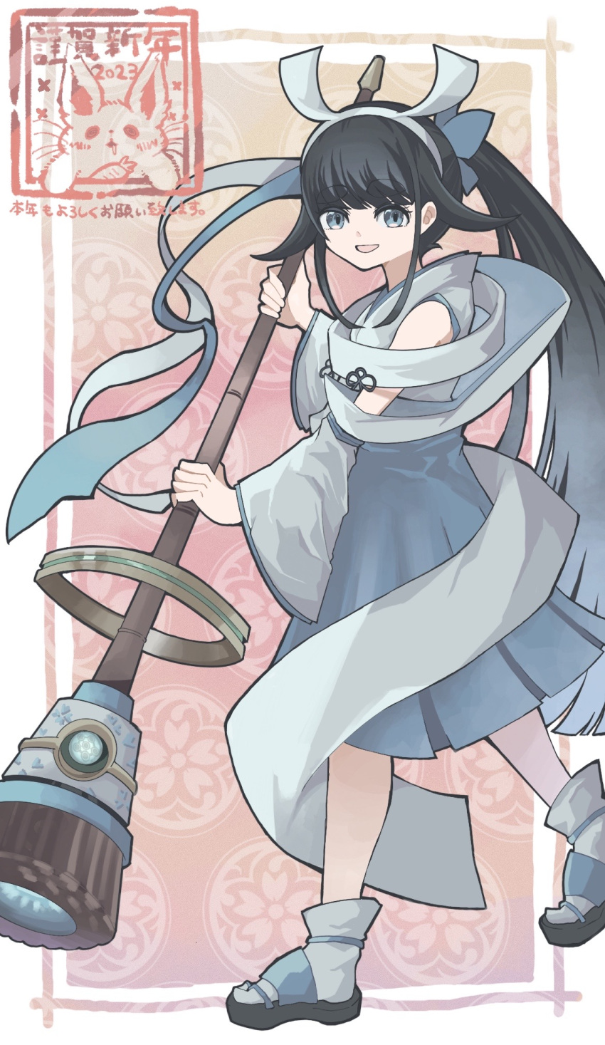 1girl, black_hair, blue_eyes, blue_ribbon, broom, duel_monster, full_body, hair_ribbon