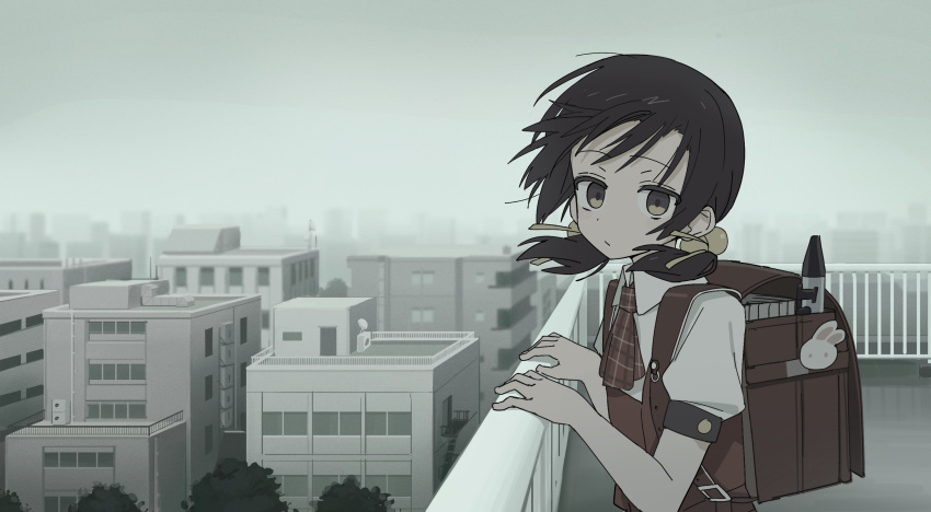 1girl, architecture, ascot, backpack, bag, black_hair, building, channel_(caststation)