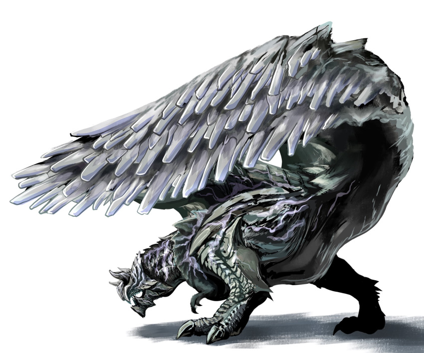 claws, dark_skin, full_body, glavenus, highres, horns, komagome, monster, monster_hunter_(series), monster_hunter_wilds, no_humans, open_mouth, sharp_tail, sharp_teeth, simple_background, spikes, sword, tail, teeth, weapon, white_background, white_scales, zoh_shia