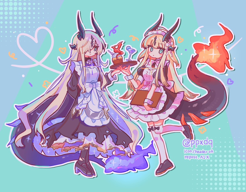 2girls, :o, alternate_costume, apron, arknights, arm_behind_back, black_bow, black_dress