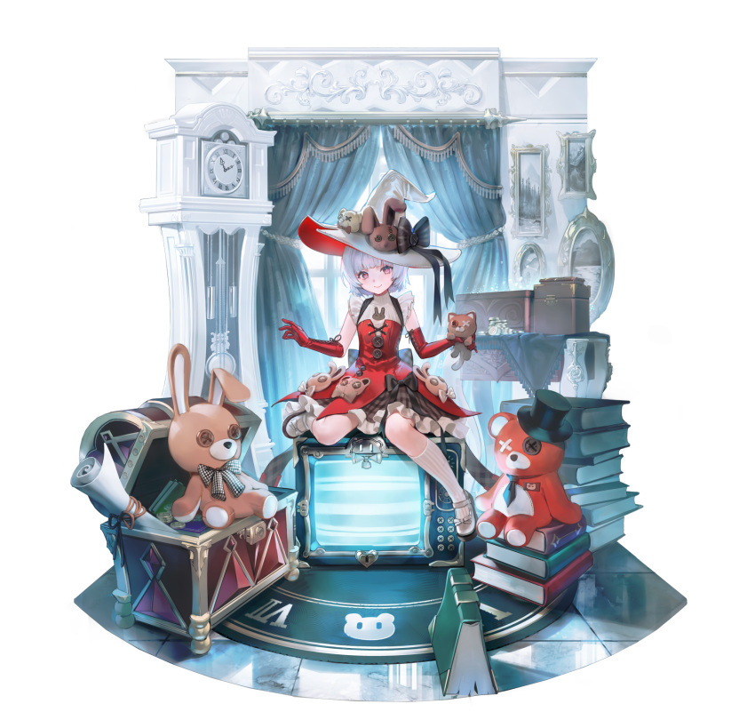 1girl, bare_shoulders, bear_hat_ornament, black_bow, book, book_stack, bow, clock