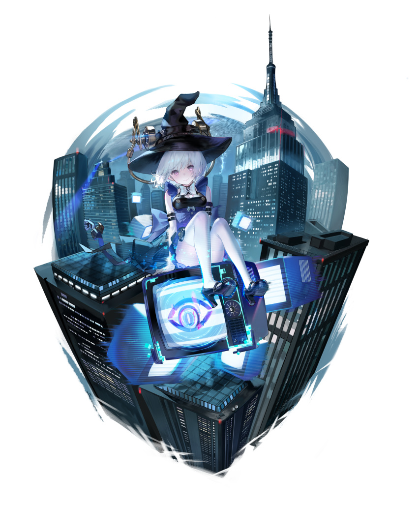 1girl, bare_shoulders, black_hat, black_shoes, blue_dress, blue_sky, breasts, building, city, city_lights, cleavage_cutout, clothing_cutout, crt, dress, echoes_of_vision, elbow_gloves, eye_symbol, faux_figurine, fisheye, full_body, gloves, hat, high_heels, highres, layered_dress, looking_at_viewer, midair, ms._poppins_(echoes_of_vision), official_art, on_television, scanlines, shoes, short_dress, short_hair, sitting, sky, skyscraper, small_breasts, smile, solo, television, thigh-highs, transparent_background, violet_eyes, white_gloves, white_hair, white_thighhighs, witch_hat, zettai_ryouiki