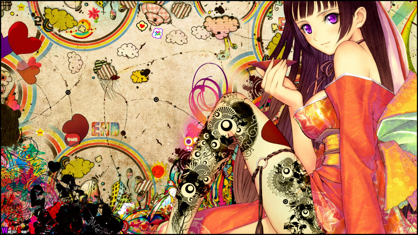 clouds, japanese_clothes, kimono, rainbow, snyp, taka_tony, tattoo