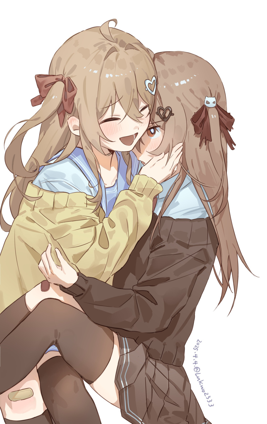 2girls, absurdres, ahoge, asymmetrical_legwear, bandaid, bandaid_on_knee, bandaid_on_leg, black_cardigan