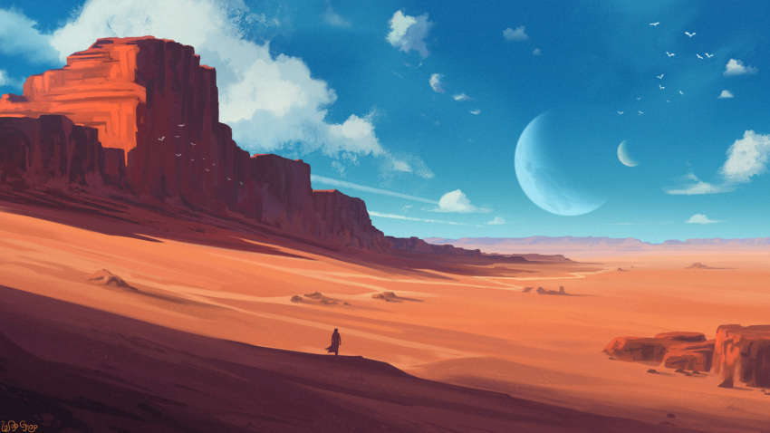 1other, blue_sky, clouds, day, desert, flock, from_behind, highres, landscape, mountain, original, painterly, planet, rock, sand, scenery, science_fiction, sky, wopgnop