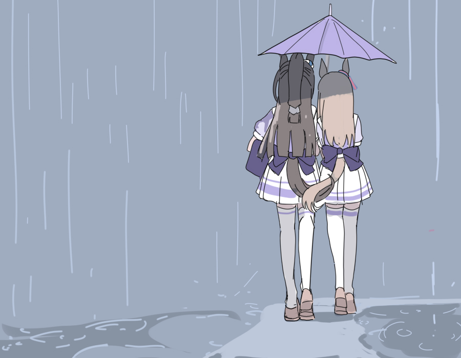 2girls, animal_ears, back_bow, bow, brown_hair, brown_shoes, brown_tail, commentary_request, ear_ornament, el_condor_pasa_(umamusume), from_behind, full_body, grass_wonder_(umamusume), horse_ears, horse_girl, horse_tail, intertwined_tails, long_hair, multiple_girls, nguyen_tam_lee, outdoors, pleated_skirt, puffy_short_sleeves, puffy_sleeves, purple_bow, purple_shirt, rain, sailor_collar, sailor_shirt, school_uniform, shared_umbrella, shirt, shoes, short_sleeves, side-by-side, skirt, standing, summer_uniform, tail, thigh-highs, tracen_school_uniform, umamusume, umbrella, walking, white_sailor_collar, white_skirt, white_thighhighs, yuri, zettai_ryouiki