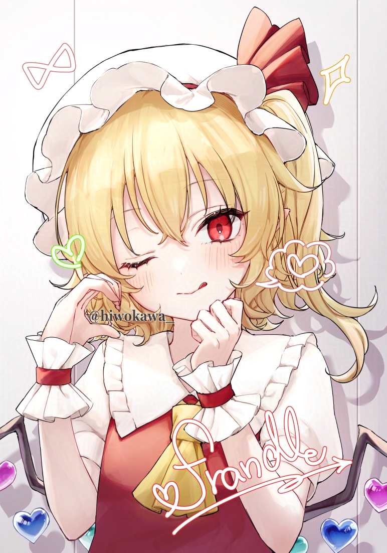 1girl, ;q, ascot, blonde_hair, blush, character_name, closed_mouth, collared_shirt