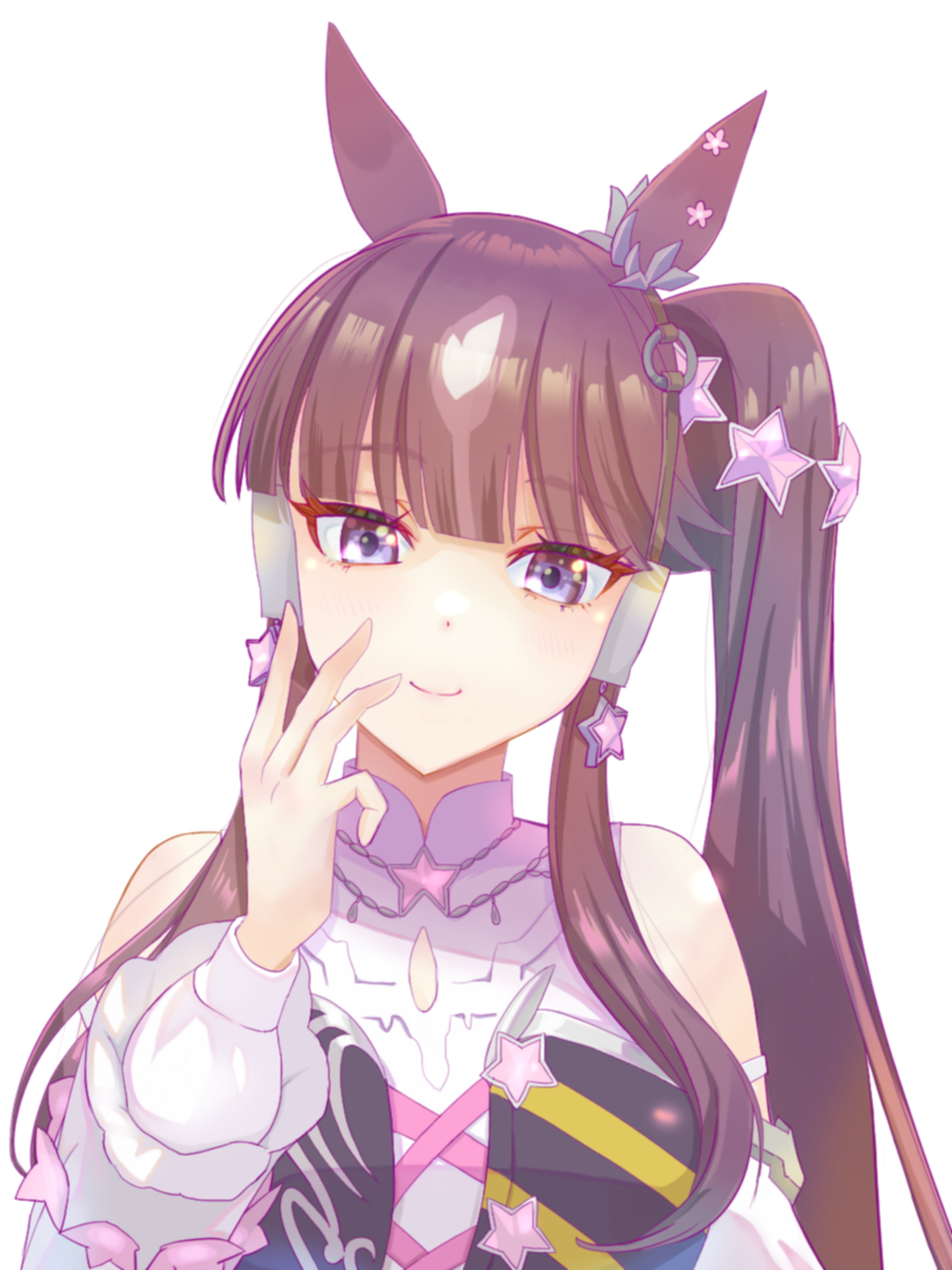 0niq, 1girl, animal_ears, blunt_bangs, blush, breasts, brown_hair, commentary_request, detached_sleeves, hair_between_eyes, hair_ornament, highres, horse_ears, horse_girl, looking_at_viewer, lucky_lilac_(umamusume), medium_breasts, portrait, side_ponytail, smile, solo, umamusume, violet_eyes, white_background