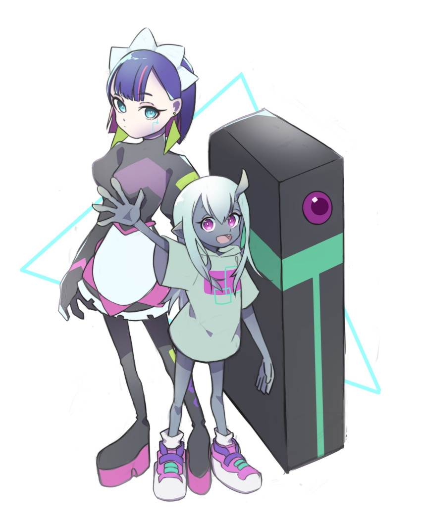 2girls, android, aqua_eyes, bb00000, blue_hair, colored_inner_hair, colored_skin, demon_girl