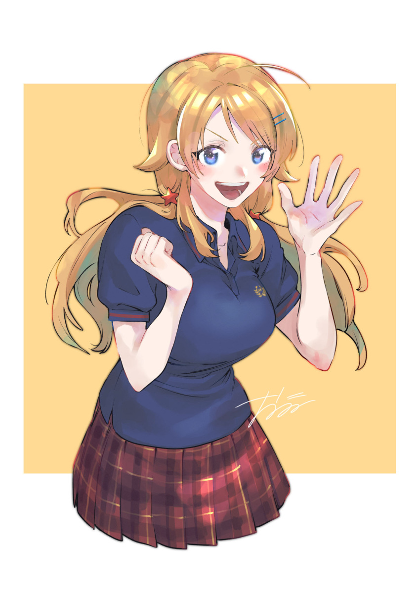 1girl, ahoge, blonde_hair, blue_shirt, blush, breasts, cropped_legs, hachimiya_meguru, hair_flaps, hair_ornament, hand_up, highres, idolmaster, idolmaster_shiny_colors, long_hair, looking_at_viewer, medium_breasts, o_yasa_inu, plaid_clothes, plaid_skirt, pleated_skirt, red_skirt, shirt, short_sleeves, signature, simple_background, skirt, smile, solo, star_(symbol), star_hair_ornament, twintails, very_long_hair, yellow_background