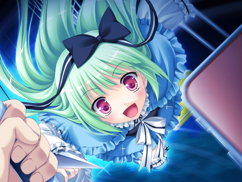 1girl, :d, bloody_rondo, blush, dress, eyebrows_visible_through_hair, female, fransisc_poirot, from_above, game_cg, green_hair, hair_bow, hair_ornament, long_hair, makita_maki, night, open_mouth, red_eyes, ribbons, sky, solo, thigh-highs, thighhighs, tree, weapon