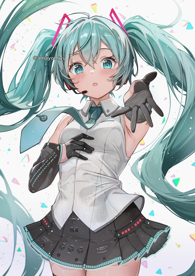 1girl, amayomiyu, aqua_eyes, aqua_hair, aqua_necktie, armpits, black_gloves, black_skirt