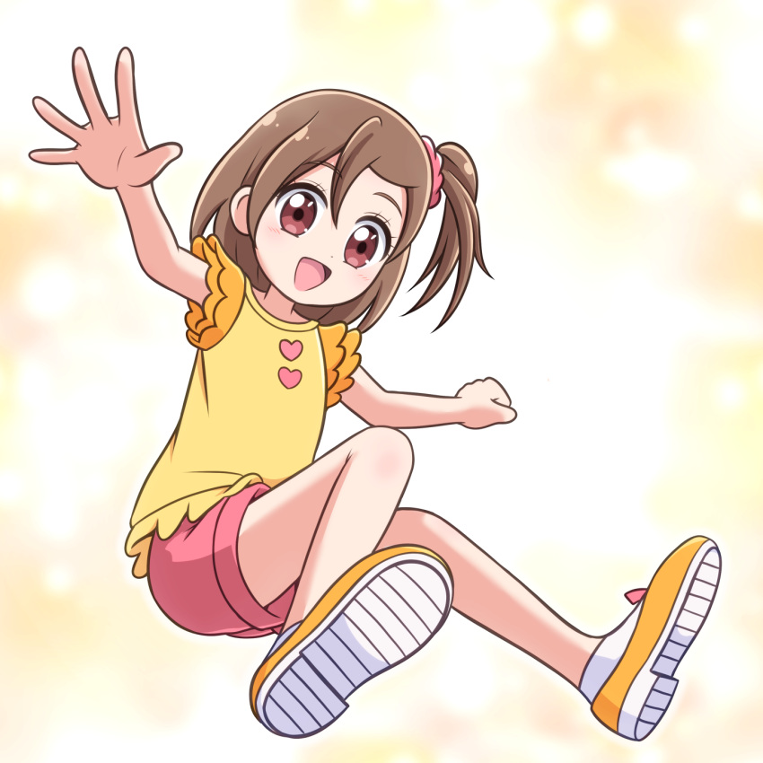 1girl, :d, ankle_socks, bare_legs, blush, brown_hair, buttons, clenched_hand