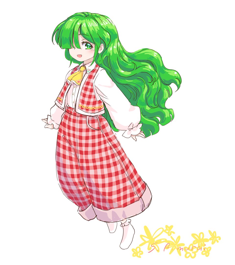 1girl, artist_name, ascot, collared_shirt, commentary_request, embroidery, full_body, green_eyes, green_hair, hair_over_one_eye, kazami_yuuka, kazami_yuuka_(pc-98), long_hair, long_sleeves, open_mouth, pants, plaid_clothes, plaid_pants, plaid_vest, puffy_sleeves, red_pants, red_vest, s-a-murai, shirt, socks, solo, touhou, touhou_(pc-98), vest, white_background, white_shirt, white_socks, yellow_ascot
