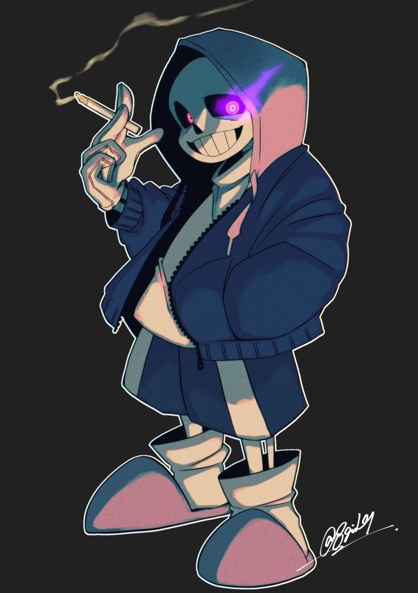 1boy, absurdres, alternate_eye_color, alternate_universe, black_shorts, blue_jacket, cigarette, dusttale