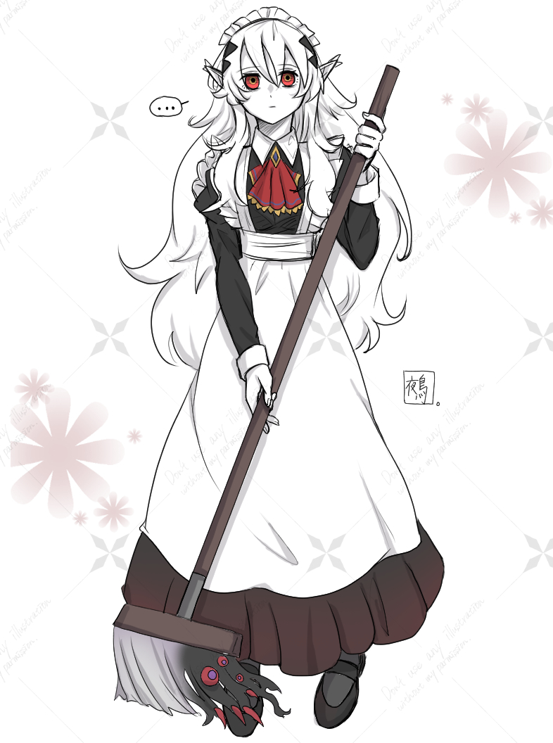 1girl, alternate_costume, apron, blazing_cartesia_the_virtuous, broom, colored_skin, duel_monster, ecclesia_(yu-gi-oh!)