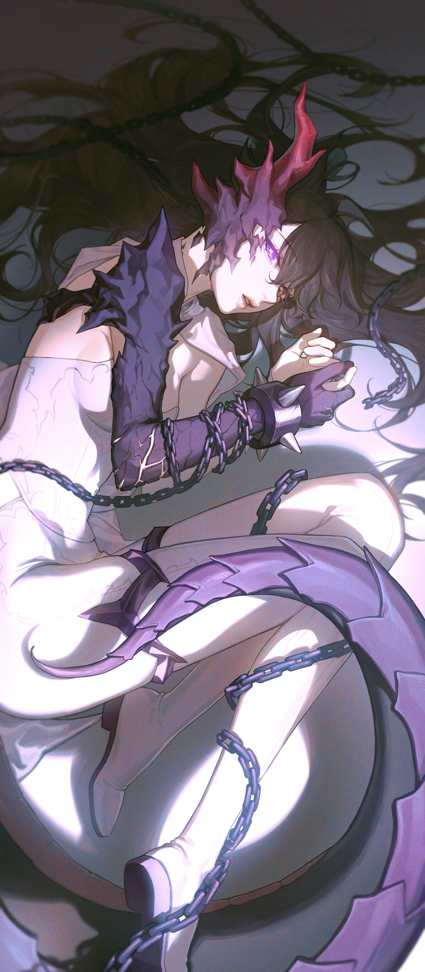 1girl, absurdres, black_hair, breasts, chained_legs, dragon_tail, dress, epic_seven