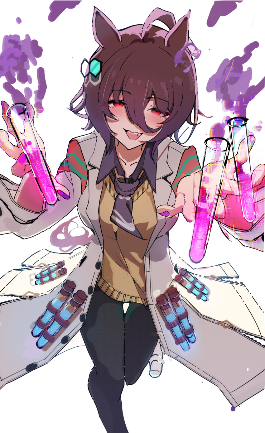 1girl, absurdres, agnes_tachyon_(umamusume), animal_ears, black_necktie, black_pantyhose, black_shirt, breasts, chemical_structure, coat, collared_shirt, earrings, hair_between_eyes, highres, holding, holding_test_tube, horse_ears, horse_girl, jewelry, lab_coat, large_breasts, long_sleeves, looking_at_viewer, necktie, open_clothes, open_coat, open_mouth, pantyhose, red_eyes, shirt, short_necktie, simple_background, single_earring, sll80jodo758038, smile, smoke, solo, sweater, test_tube, umamusume, white_background, white_coat, yellow_sweater