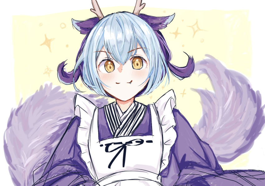 1girl, apron, blue_kimono, blush, closed_mouth, dragon_girl, dragon_horns, dragon_tail