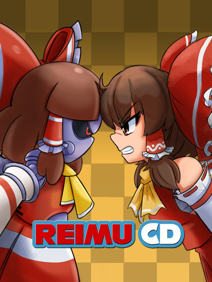 2girls, ascot, bow, brown_background, brown_hair, checkered_background, clenched_teeth, clothed_robot