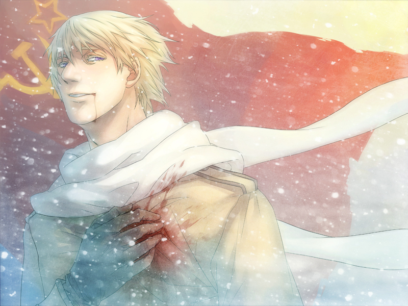 axis_powers_hetalia, blonde_hair, blood, flag, gloves, hammer_and_sickle, kanmuri, kanmuri_(hanyifan30338)
