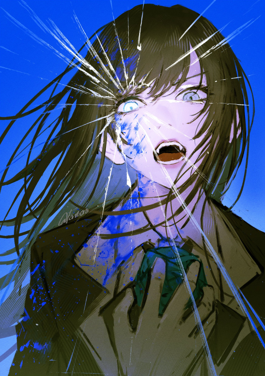 1girl, absurdres, ado_(utaite), black_hair, blue_background, chando_(ado), commentary, fang