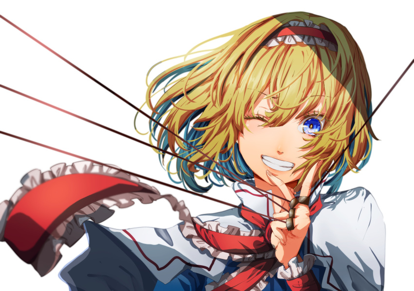 1girl, alice_margatroid, blonde_hair, blue_dress, blue_eyes, capelet, commentary, dress